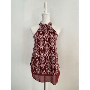 Papaya Halter Sleeveless Small Top Dark Red Damask Print Feminine Event Party